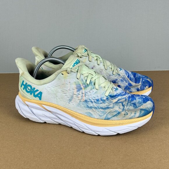 Hoka Clifton 8 Athletic Running Shoes Womens 8 Blue White Yellow Low Top - Picture 3 of 11